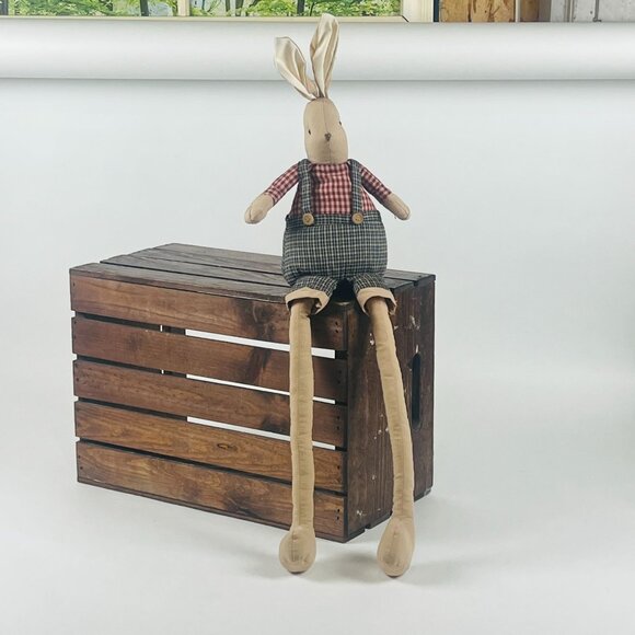Vintage Style Fabric Bunny Doll With Long Legs & Country Plaid Outfit - Picture 4 of 8